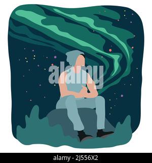 Homme solitaire assis sur une montagne pour regarder le ciel de nuit Aurora Illustration de Vecteur