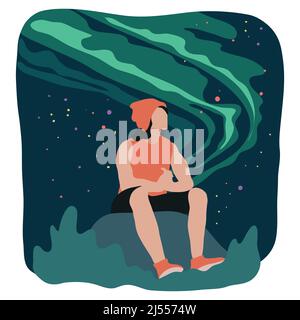 Homme solitaire assis sur une montagne pour regarder le ciel de nuit Aurora Illustration de Vecteur