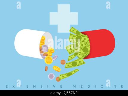 Médicaments coûteux. Money Pill, ouvrez la capsule médicale avec de l'argent et des pièces d'or. Coût des pilules, vitamines et traitement, industrie pharmaceutique, vecteur Illustration de Vecteur