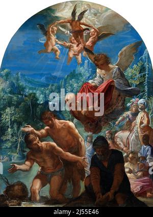 Le Baptême du Christ par Adam Elsheimer (1578-1610), artiste baroque ancien allemand, huile sur cuivre, c. 1599 Banque D'Images