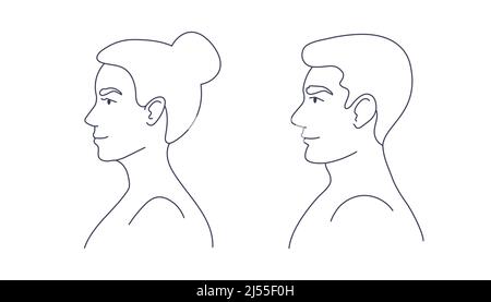 Silhouette femelle et mâle, profil avec ligne noire isolée sur fond blanc. Illustration de Vecteur