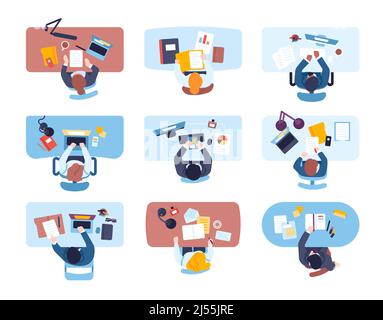Vue de dessus des employés du lieu de travail. Espace de travail personnel. Hommes et femmes d'affaires avec différents ordinateurs portables et moniteurs de bureau. Les employés sont assis à table et travaillent Illustration de Vecteur