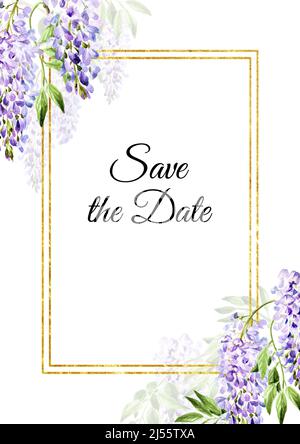 Fleurs de wisteria, enregistrez la date d'invitation ou la carte de vœux. Aquarelle dessinée à la main, illustration isolée sur fond blanc Banque D'Images