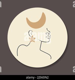 Tête de femme avec illustration vectorielle linéaire avec logo de lune et d'étoile Illustration de Vecteur