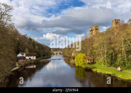 Une vue sur le fleuve Wear avec la magnifique cathédrale de Durham sur la droite dans la ville de Durham. Pris un jour de printemps brillant. Banque D'Images