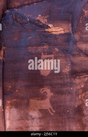 Fremont Culture pétroglyphes amérindiens sur un panneau d'art rupestre dans le canyon du fleuve Colorado près de Moab, Utah. Ces pétroglyphes sont d'environ 1000 Banque D'Images