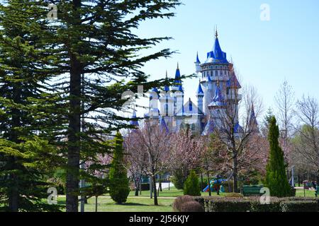 Château bleu vintage dans les arbres au parc lors d'une journée ensoleillée de printemps Banque D'Images