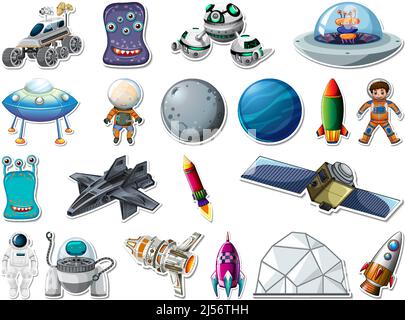 Jeu d'autocollants d'objets de l'espace extérieur et illustration des astronautes Illustration de Vecteur