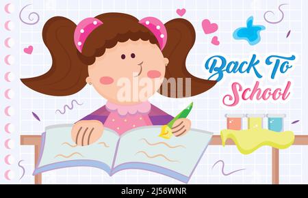 Croquis de fille avec livre ouvert et fournitures scolaires Retour à l'école concept Vector Illustration de Vecteur