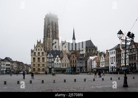 Détail architectural de la Grote Markt (grand marché), la place centrale du centre historique, dominée par la Tour St Rumbold Banque D'Images