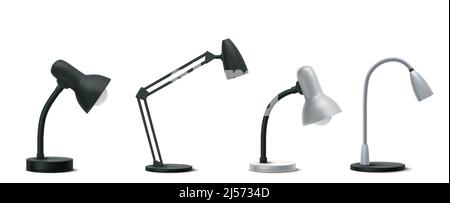 Lampes de table, éclairage électrique de bureau pour armoire de bureau et de maison. Ensemble vectoriel réaliste de 3D lampes de bureau flexibles modernes en noir et métal avec ampoule et support rond isolé sur fond blanc Illustration de Vecteur