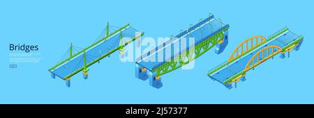 Ponts isométriques affiche avec construction d'architecture avec route de voiture au-dessus de la rivière, la baie ou le canal. Bannière horizontale vectorielle avec viaduc, passage supérieur et pont suspendu Illustration de Vecteur