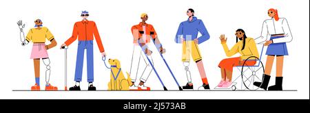 Groupe de personnes handicapées diverses, concept de handicap. Personnage handicapé sur fauteuil roulant, homme sur béquilles, femme avec prothèse de jambe, homme aveugle avec bâton et chien-guide, illustration vectorielle plate linéaire Illustration de Vecteur