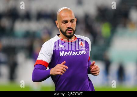 TURIN, ITALIE - 20 AVRIL 2022. Riccardo Saponara de l'ACF Fiorentina lors du match semi final 2nd jambes de Coppa Italia entre Juventus FC et ACF Fiorentina au stade Allianz le 20 avril 2022 à Turin, Italie. Juventus a gagné 2-0 sur Fiorentina. Crédit: Massimiliano Ferraro/Medialys Images/Alay Live News Banque D'Images