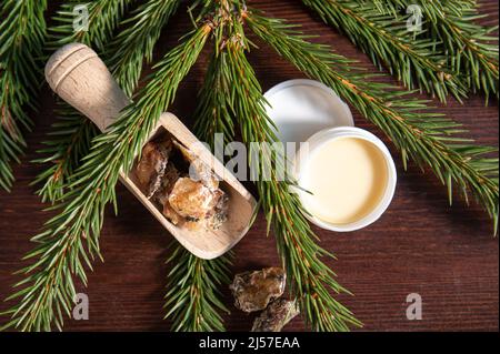 Épicéa Picea abies crème de résine médicinale en pot et morceaux sur une cuillère en bois, décorée de branches d'épinette fraîche. Banque D'Images