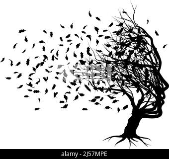 Illusion optique Tree face avec des feuilles soufflantes Illustration de Vecteur