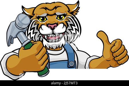 Wildcat Carpenter Handyman Builder Holding Hammer Illustration de Vecteur