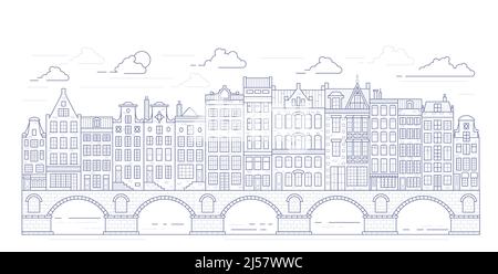 Maisons de style ancien d'Amsterdam.Maisons typiques des canaux hollandais bordées près d'un canal aux pays-Bas.Bâtiment et façades sur le pont.Contour vectoriel Illustration de Vecteur