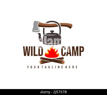 Camping, camp, hache, bouilloire et feu de camp avec feu, logo. Randonnée, aventure, survie et tourisme, conception et illustration de vecteurs Illustration de Vecteur