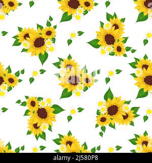 Motif sans couture avec tournesol jaune, Marguerite blanche et feuilles vertes sur fond. Imprimer avec élément de la nature, camomille, plante pour la décoration et le design. Illustration vectorielle plate Illustration de Vecteur