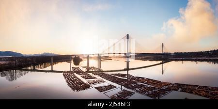 Vue panoramique du pont de Port Mann sur le fleuve Fraser. Banque D'Images