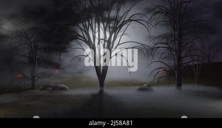 Yeux rouges lumineux et ombres effrayantes dans une forêt sombre et lumineuse. 3d rendu. Banque D'Images