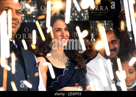 New Delhi, Inde. 20th avril 2022. L'actrice Bollywood Elli Avram assiste à l'inauguration de la salle d'exposition de bijoux de mariée d'Orra à Preet Viharm à l'est de Delhi, en Inde, le 20 avril 2022. (Photo de Ravi Batra/Sipa USA) crédit: SIPA USA/Alay Live News Banque D'Images