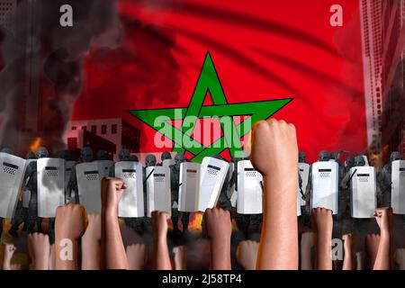 Protestation au Maroc - les gardes de police se tiennent contre la foule des manifestants sur fond de drapeau, concept de lutte contre la révolte, militaire 3D Illustration Banque D'Images