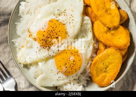 Arroz con Huevos maison cubaine avec des plantains frits pour le petit déjeuner Banque D'Images