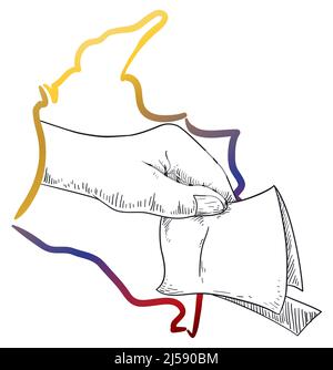 Carte de la Colombie avec couleurs de drapeau tricolore, main tenant un vote à la main de style dessiné à la main prêt au suffrage pendant les élections colombiennes. Illustration de Vecteur