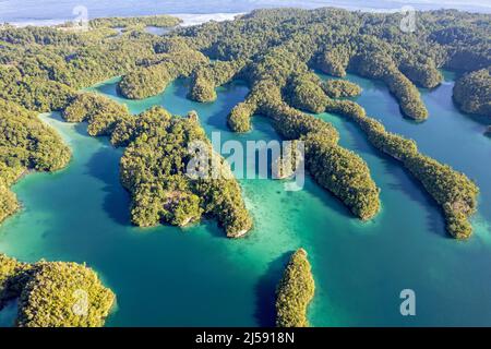 Vue aérienne des structures côtières du carbonate de calcium de l'île Gam, Raja Ampat Indonésie. Banque D'Images
