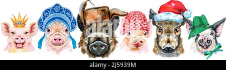 Bordure mignonne des portraits aquarelles de cochons. Illustration aquarelle de cochons en chapeau de Santa, kokoshnik russe, chapeau vert, chapeau d'hiver rose et or cr Banque D'Images