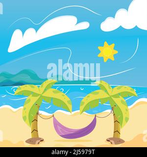 Hamac entre deux palmiers sur la plage Summer paysage Vector Illustration de Vecteur