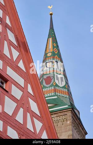 Wolframs Eschebach, Bavière, Allemagne, centre-ville avec de célèbres maisons médiévales à colombages et lieu de naissance du poète médieaval Wolfram Banque D'Images