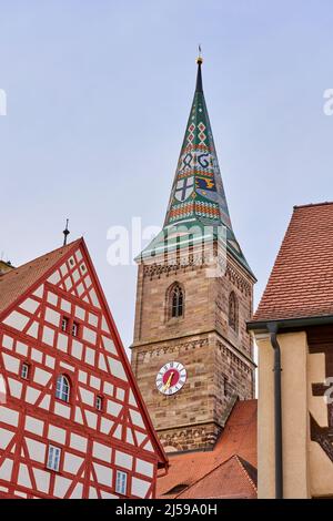 Wolframs Eschebach, Bavière, Allemagne, centre-ville avec de célèbres maisons médiévales à colombages et lieu de naissance du poète médieaval Wolfram Banque D'Images