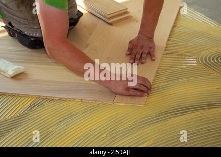 CRAFTSMAN pose de parquet à chevrons professionnellement Banque D'Images