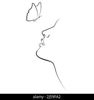 Papillon et visage. Ligne continue, dessin de visage, concept de mode, beauté minimaliste d'une femme. Un portrait moderne. Illustration de Vecteur