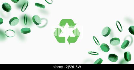 Bouchons de bouteille verts, symbole de recyclage sur fond blanc. Bouchons en plastique flottant dans l'air. Le concept de sécurité contre les dommages environnementaux Banque D'Images
