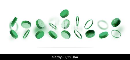 Bouchons de bouteille verts pour recyclage sur fond blanc. Bouchons en plastique qui flottent dans l'air. Le concept de sécurité contre les dommages environnementaux Banque D'Images