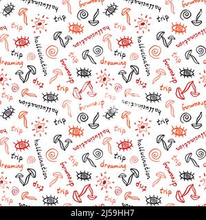 Motif de champignons psycho sans couture avec lettrage Illustration de Vecteur