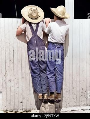 1930S 1940S VUE ARRIÈRE DE FILLE ET GARÇON PORTANT DES JEANS DE LA FERME DE PAILLE DE CHAPEAU DE PAILLE DEBOUT SUR LES TIPTOES SUR LE SEAU REGARDANT SUR LA CLÔTURE DE GRANGE - F1558C HAR001 HARS STYLE TRAVAIL D'ÉQUIPE INFORMATION MYSTÈRE JOIE STYLE DE VIE FEMMES FRÈRES GRANGE RURAL MAISON VIE COPIE ESPACE AMITIÉ COMBINAISONS PLEINE LONGUEUR MÂLES RISQUE DIVERTISSEMENT FRÈRES ET SŒURS AGRICULTURE OBJECTIFS STABLE AVENTURE DÉCOUVERTE LOISIR STRATÉGIE ET EXCITATION CONNAISSANCE FAIBLE ANGLE VUE ARRIÈRE DE SUR L'OPPORTUNITÉ LIEN FRÈRE/SŒUR CONCEPTUEL DE DERRIÈRE CURIEUX RENVERSÉ VUE ARRIÈRE BLUE JEANS COOPÉRATION CROISSANCE JEUNES AVANT-ADOLESCENCE AVANT-ADOLESCENT GARÇON AVANT-ADOLESCENCE FILLE TIPTOES Banque D'Images