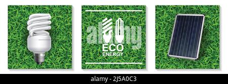 Concept moderne éco-énergétique réaliste avec lampe à économie d'énergie et panneau solaire sur fond d'herbe illustration vectorielle isolée Illustration de Vecteur
