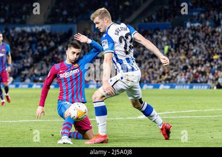 Saint-Sébastien, Espagne. 21st avril 2022. La Liga Spanish la Liga football Match Real Sociedad vs FC Barcelona au stade Reale Arena, San Sebastian 21 avril 2022. Alexander Sorloth et Ferran Torres 900/Cordone Press Credit: CORDONE PRESS/Alay Live News Banque D'Images