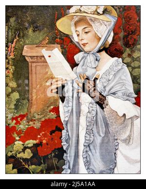 1900S FEMME MARCHE À TRAVERS LE JARDIN DE FLEURS AVEC LA LETTRE DE LECTURE SUNDIAL PORTANT CHAPEAU DE PAILLE ATTACHÉ SOUS SON CHIN AVEC NOEUD & BLUE SHAWL - KP6803 NAW001 HARS SUBURBAIN DÉPRESSION COULEUR PAILLE SON EXPRESSION LIÉE MAIL VIEUX TEMPS SURPRISE NOSTALGIE VIEILLE MODE 1 COMMUNICATION DE STYLE FACIAL JEUNES ADULTES ÉQUILIBRE SOUCI STYLE DE VIE COUVERTURE FEMMES MOODY LUXE DEMI-LONGUEUR FEMMES PERSONNES POSTAL COPAIN SOINS CHIN EXPRESSIONS TROUBLÉE TRISTESSE CONCERNÉE RÊVES STYLES TOUR DU 20TH SIÈCLE MARCHES SUNDIAL BAS ANGLE FIERTÉ HUMEUR CHÂLE MAILING CONCEPTUEL PAILLE DE VERRE CHAPEAU AMOUR LETTRE ÉLÉGANT NOIR DENTELLE USPS DÉCEPTION Banque D'Images