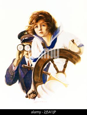 1910S JEUNE FEMME PORTANT UN COLLIER NAUTIQUE CHEMISIER À LA BARRE DU YACHT AVEC L'HOMME EN UNIFORME DERRIÈRE REGARDER DEVANT AVEC DES JUMELLES - KY2886 NAW001 HARS AUTOUR DE PAIRE COLLIER DE MER COULEUR SES JUMELLES VIEUX TEMPS NOSTALGIE PEEKING VIEILLE MODE 1 STYLE JUVÉNILE VOILE JEUNE ADULTE RICHE VACANCES RICHE YACHT STYLE DE VIE OCEAN COVER VOILOR FEMELLES BATEAUX COPIER ESPACE FEMMES FILLES PERSONNES MÂLES VOILE VOILIER DE TRANSPORT NAUTIQUE PÈRES TEMPS HORS TÊTE ET ÉPAULES TOILE BARRE TOUR DU VOYAGE DE 20TH SIÈCLE ESCAPADE DADS DIMANCHE MAGAZINE AUBURN HAIR CHEMISIER VACANCES HAUT DE GAMME CONCEPTUEL ILLUSTRATEUR AFFLUENT NAVIRE Banque D'Images