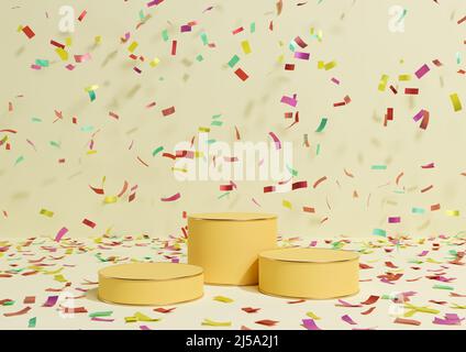 Pastel, clair, jaune d'agrumes 3D rendu produit afficher trois podiums stands avec la publicité coloré confetti célébration anniversaire et l'or l Banque D'Images