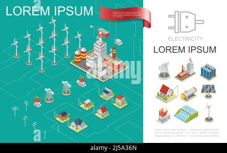 Composition isométrique de production d'électricité avec centrales nucléaires et hydroélectriques éoliennes tours électriques transmission énergie stockage solaire Illustration de Vecteur