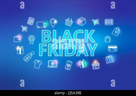 Black fiday - bannière web ecommerce sur fond bleu. Diverses icônes de shopping. Concept d'achat en ligne Banque D'Images