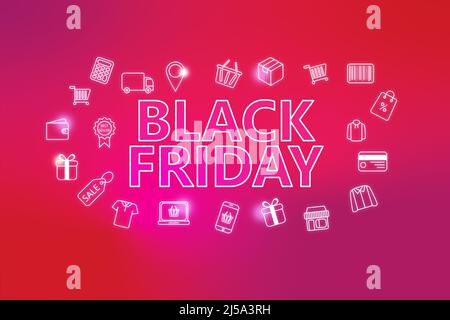 Black fiday - bannière web ecommerce sur fond rouge. Diverses icônes de shopping. Concept d'achat en ligne Banque D'Images