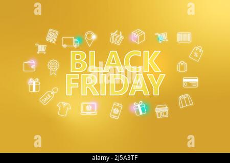 Black fiday - bannière web ecommerce sur fond doré. Diverses icônes de shopping. Concept d'achat en ligne Banque D'Images